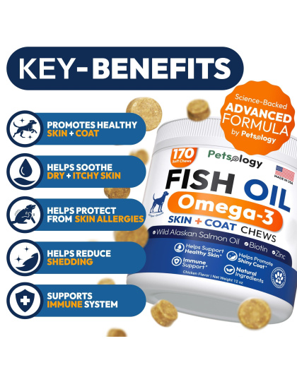 Omega 3 Fish Oil for Dogs 170 Chews Omega 3 for Dogs Itchy Skin & Allergy Relief Skin & Coat Supplement EPA & DHA Fatty Acids Dog Anti Shedding & Hot Spot Treatment Salmon Oil