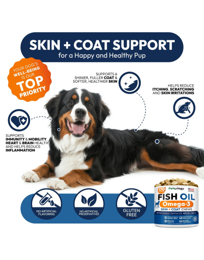 Omega 3 Fish Oil for Dogs 170 Chews Omega 3 for Dogs Itchy Skin & Allergy Relief Skin & Coat Supplement EPA & DHA Fatty Acids Dog Anti Shedding & Hot Spot Treatment Salmon Oil