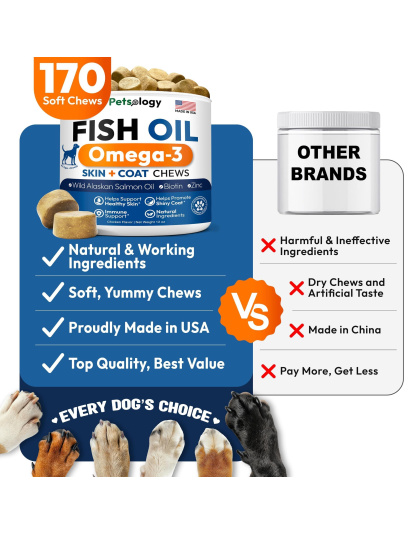 Omega 3 Fish Oil for Dogs 170 Chews Omega 3 for Dogs Itchy Skin & Allergy Relief Skin & Coat Supplement EPA & DHA Fatty Acids Dog Anti Shedding & Hot Spot Treatment Salmon Oil
