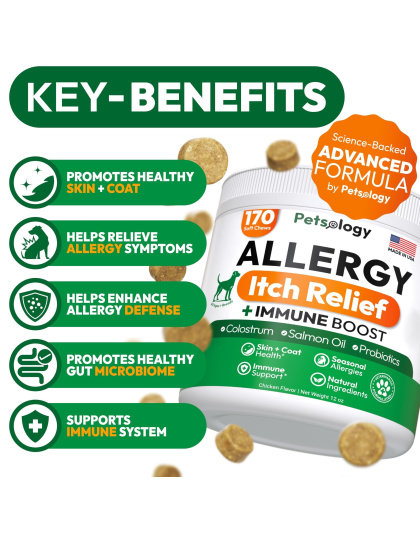Dog Allergy Relief Chews 170 Dog Allergy Chews Itch Relief for Dogs Omega 3 Fish Oil Probiotics For Itchy Skin & Hot Spots Allergies Paw Licking Dry Skin & Coat Supplement Immune Health