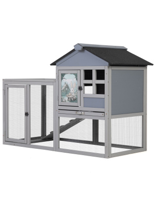 2-Tier Wood Rabbit Hutch, Indoor Outdoor Small Animal House with Removable Tray, Ramp, Openable Roof, Bunny Cage for Ducks, Squirrels, Grey with Colorful Patterns