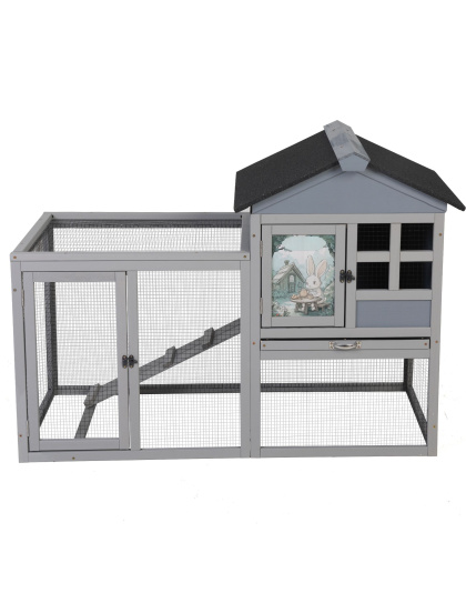 2-Tier Wood Rabbit Hutch, Indoor Outdoor Small Animal House with Removable Tray, Ramp, Openable Roof, Bunny Cage for Ducks, Squirrels, Grey with Colorful Patterns