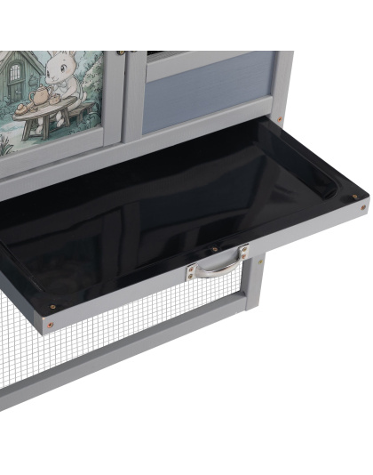2-Tier Wood Rabbit Hutch, Indoor Outdoor Small Animal House with Removable Tray, Ramp, Openable Roof, Bunny Cage for Ducks, Squirrels, Grey with Colorful Patterns