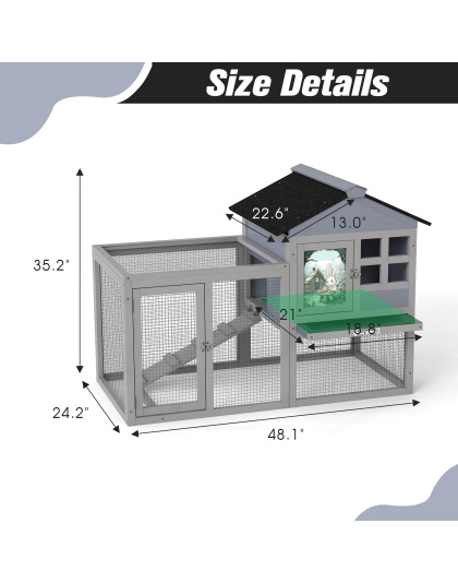 2-Tier Wood Rabbit Hutch, Indoor Outdoor Small Animal House with Removable Tray, Ramp, Openable Roof, Bunny Cage for Ducks, Squirrels, Grey with Colorful Patterns