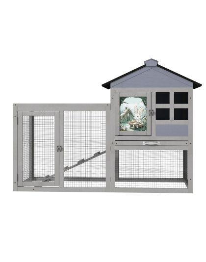 2-Tier Wood Rabbit Hutch, Indoor Outdoor Small Animal House with Removable Tray, Ramp, Openable Roof, Bunny Cage for Ducks, Squirrels, Grey with Colorful Patterns