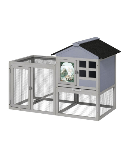 2-Tier Wood Rabbit Hutch, Indoor Outdoor Small Animal House with Removable Tray, Ramp, Openable Roof, Bunny Cage for Ducks, Squirrels, Grey with Colorful Patterns