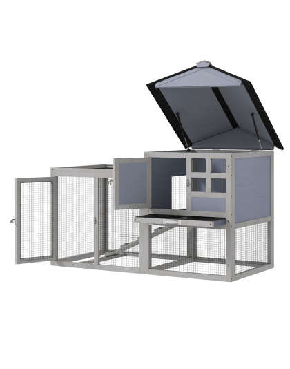 2-Tier Wood Rabbit Hutch, Indoor Outdoor Small Animal House with Removable Tray, Ramp, Openable Roof, Bunny Cage for Ducks, Squirrels, Grey with Colorful Patterns