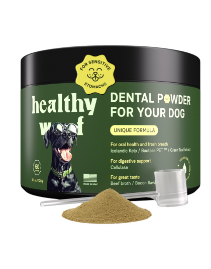 Healthy Woof Dental Powder for Dogs - Complete Oral Care Bone Broth, Dog Teeth Cleaning Powder, Tartar Remover, Fresh Breath, Sensitive Stomach Support, No Brush Dental Care, 4.2 oz, 60 Scoops