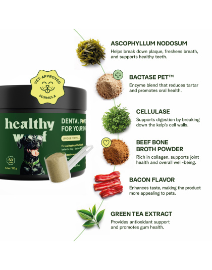 Healthy Woof Dental Powder for Dogs - Complete Oral Care Bone Broth, Dog Teeth Cleaning Powder, Tartar Remover, Fresh Breath, Sensitive Stomach Support, No Brush Dental Care, 4.2 oz, 60 Scoops