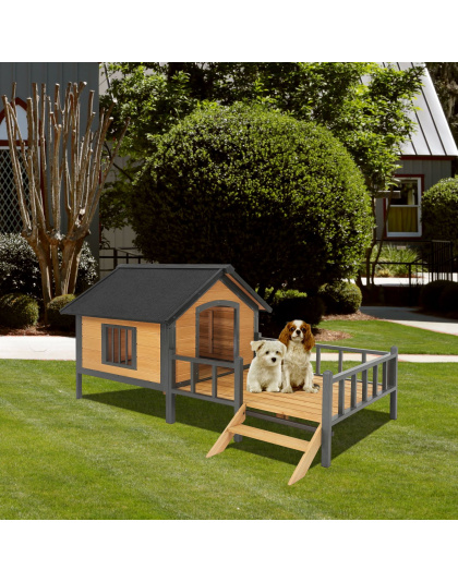 Unique All-Around Iron Frame,Outdoor Large Wooden Cabin House Style Wooden Dog Kennel with Porch