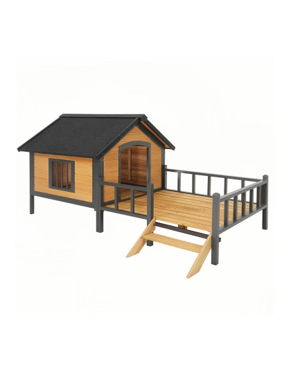 Unique All-Around Iron Frame,Outdoor Large Wooden Cabin House Style Wooden Dog Kennel with Porch