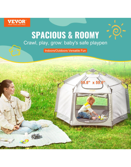 VEVOR Baby Playpen with Canopy, Indoor/Outdoor Portable Playpen for Babies and Toddler, Lightweight & Foldable, Pop Up Toddler Play Yard with 3 Sun-Shades & Travel Bag for Park Beach Home, 59.8"x59.8"