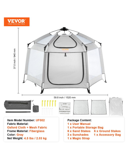 VEVOR Baby Playpen with Canopy, Indoor/Outdoor Portable Playpen for Babies and Toddler, Lightweight & Foldable, Pop Up Toddler Play Yard with 3 Sun-Shades & Travel Bag for Park Beach Home, 59.8"x59.8"